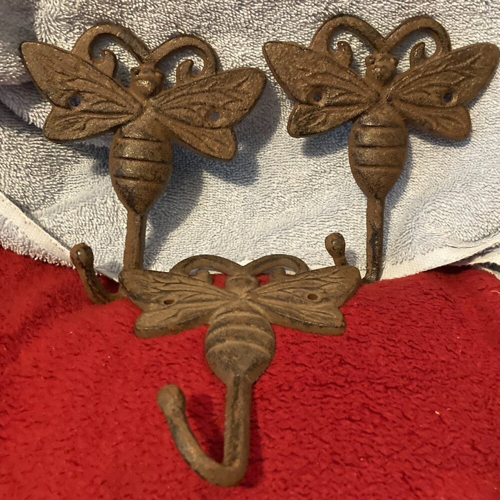 Vintage Style Cast Iron Wall Hooks-Set of 3 with Butterfly Design-5"L-Brand New